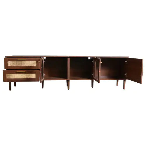 Rattan-inspired Media Console Table with 3 Cabinets and 2 Drawers Up To 80'' LED Light - Kia Day Design