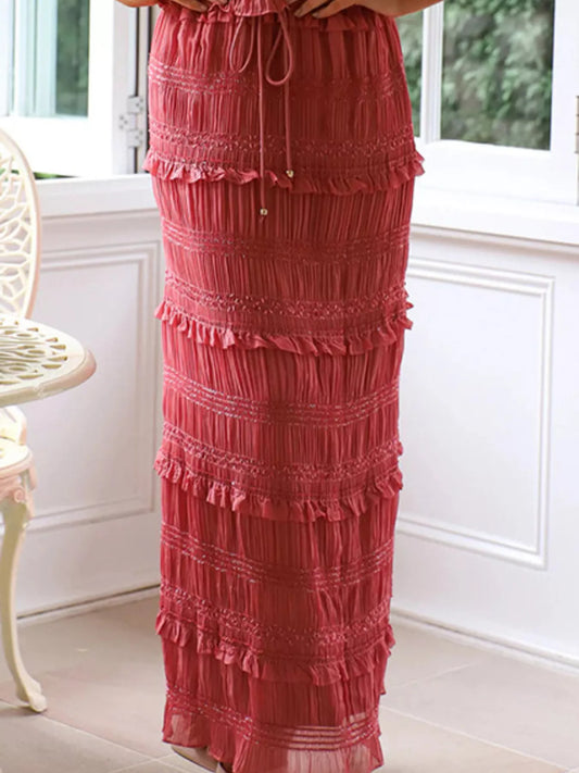 Sleeveless Top and Maxi Skirt Set - Brick Red Skirt - skirt set