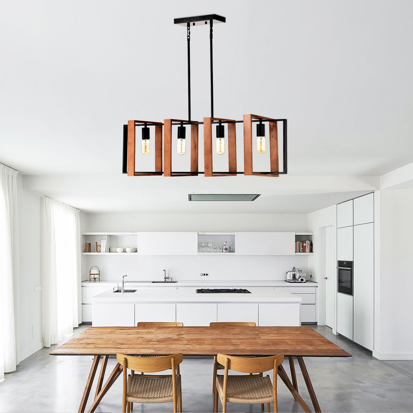 Rustic Wood And Black Metal 4-Light Kitchen Island Dining Room Light Fixture - - light
