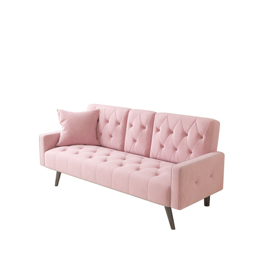 Pink Sofa Bed With Nail Head Trim And Cup Holders - - Futon Sofas