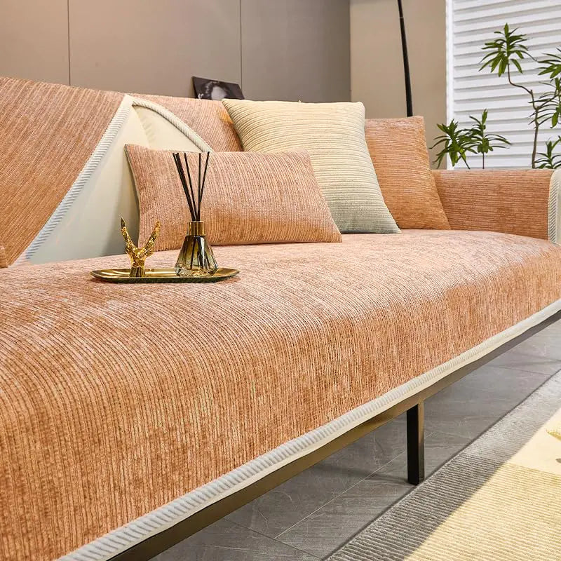 Orange Striped Chenille Anti-Scratch Couch Cover - - Couch cover
