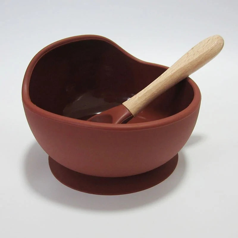 Baby Silicone Feeding Set with Wooden Handle Spoon Dark brown