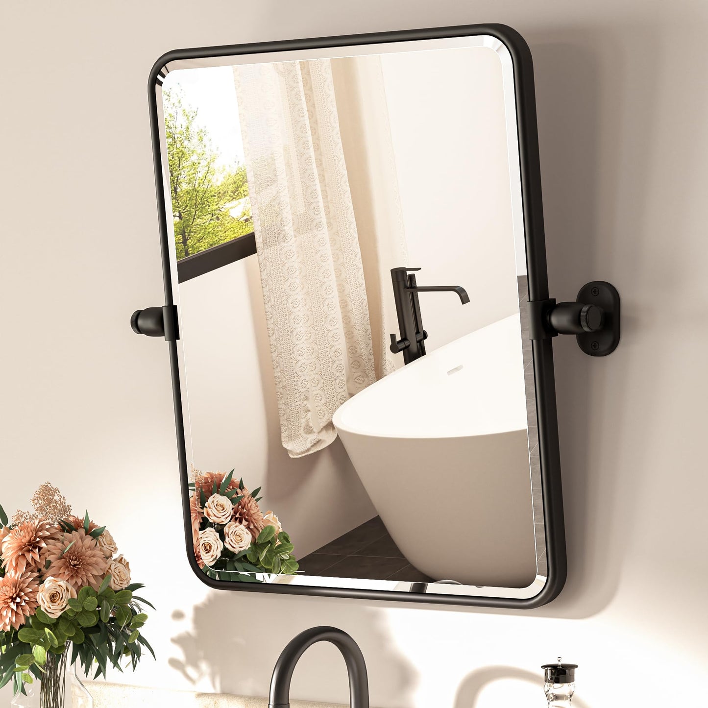 TETOTE Matte Black Pivoting Tilt Beveled Rectangle Metal Framed Mirror - - Mirror