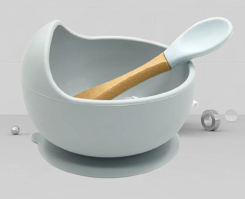 Baby Silicone Feeding Set with Wooden Handle Spoon Gray