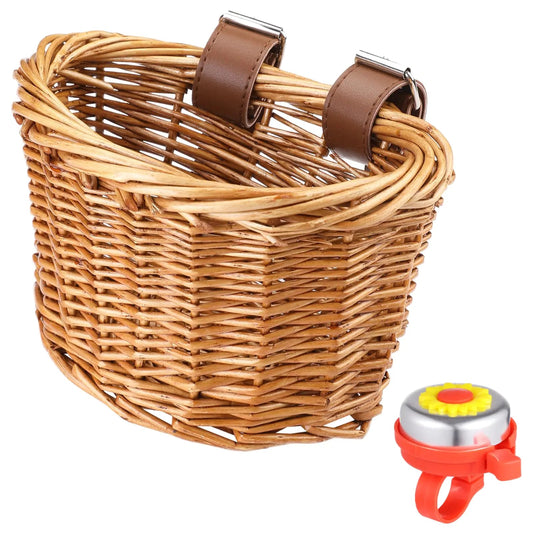 Kids Bike Basket with Adjustable PU Belts Wicker Bike Baskets Handmade Woven Rattan Bike Basket Front Handle Children Bike Basket for Children Bicycle Accessories (with Bell) Kia Day Design