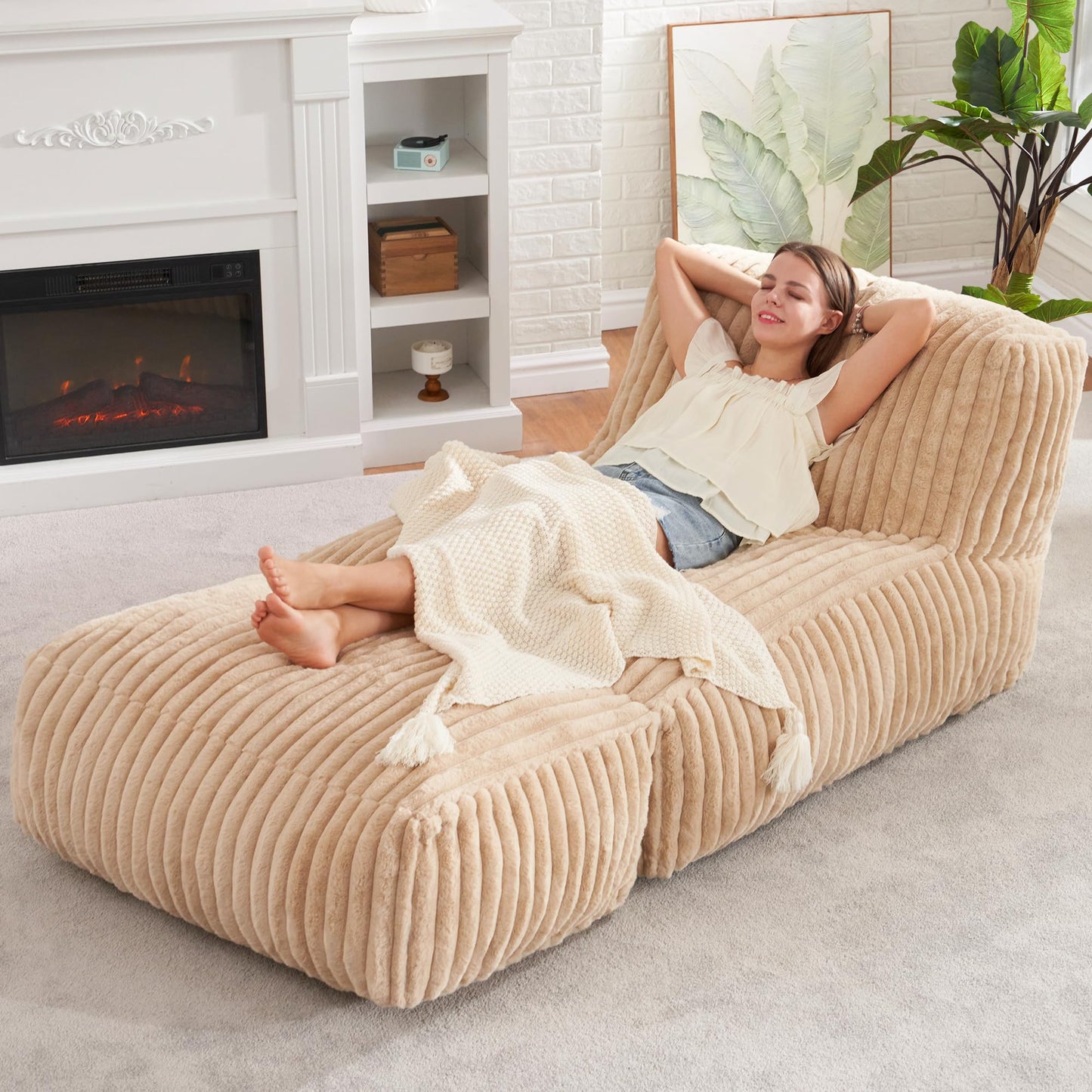 Khaki Big Bean Bag Chair with Memory Foam - - chair