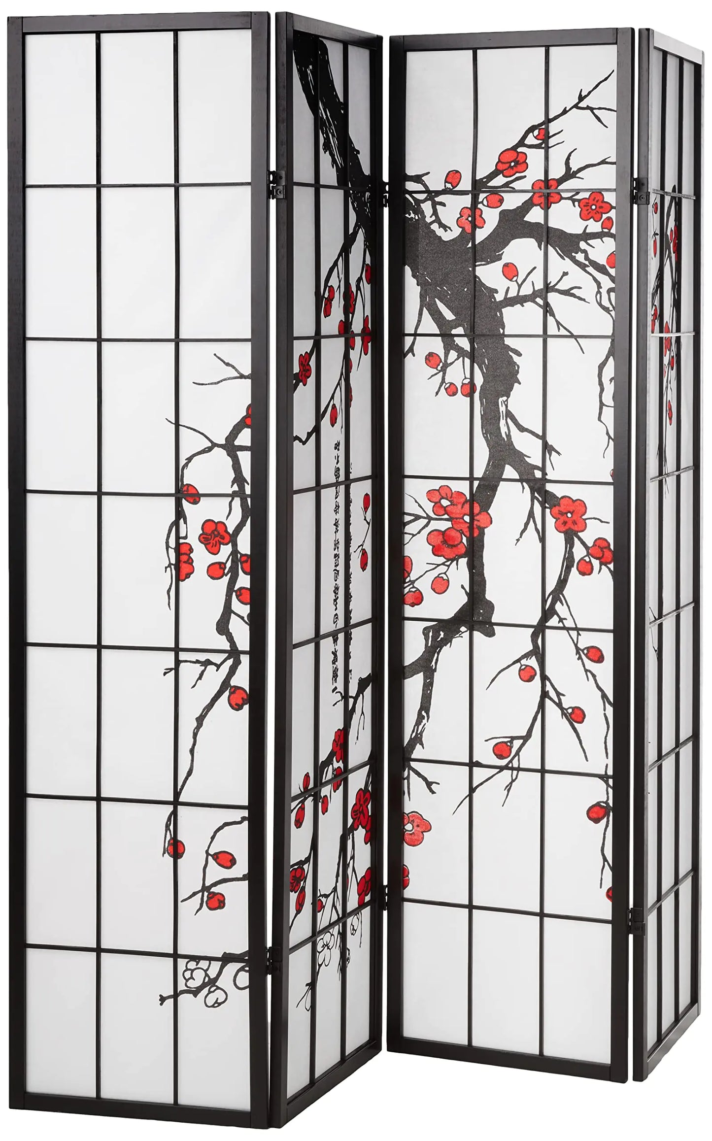 Black Plum Blossom Japanese 4-Panel Screen Room Divider - - room divider