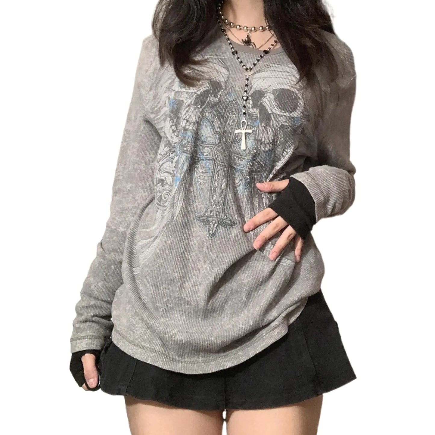 Women Y2k Fairy Grunge Shirt Vintage Graphic Print Long Sleeve Tee Shirt Tops Teen Girls Grunge Aesthetic Clothes Streetwear Kia Day Design