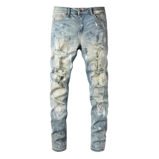 Mens Torn Graffiti Stretch Slim Fit Jeans - - jeans
