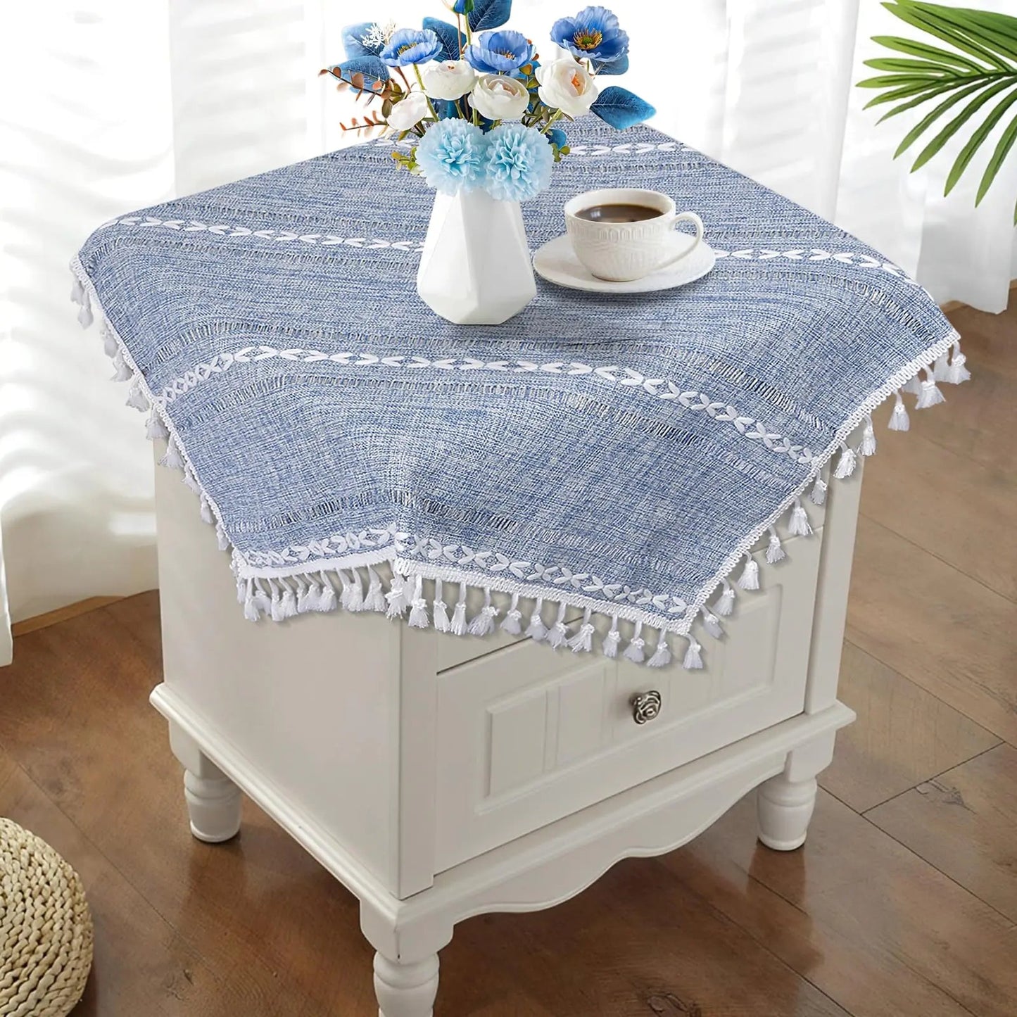 Polygon Dusty Blue and White Small Linen Nightstand Cover - - table cloth