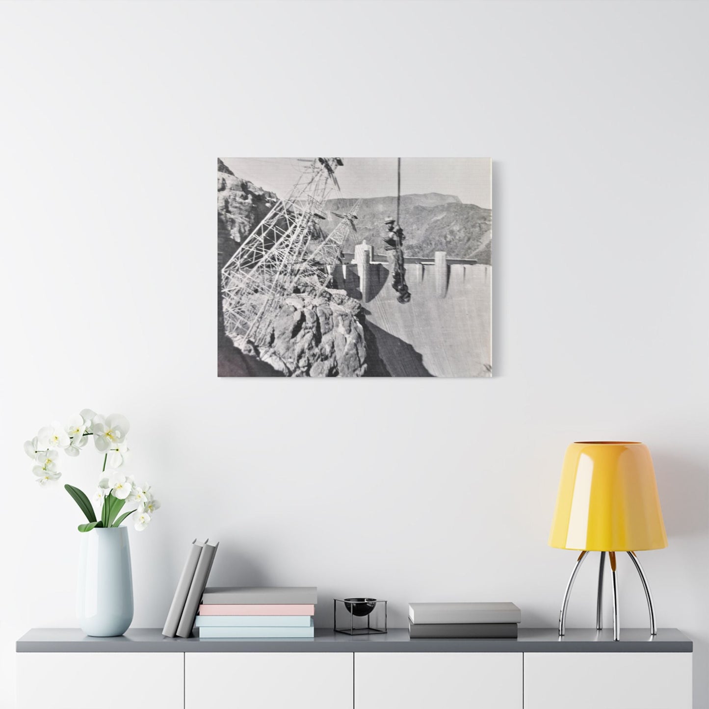 Suspended Boulder Dam Worker Satin Canvas Stretched 30" x 24" (Horizontal) 1.5"