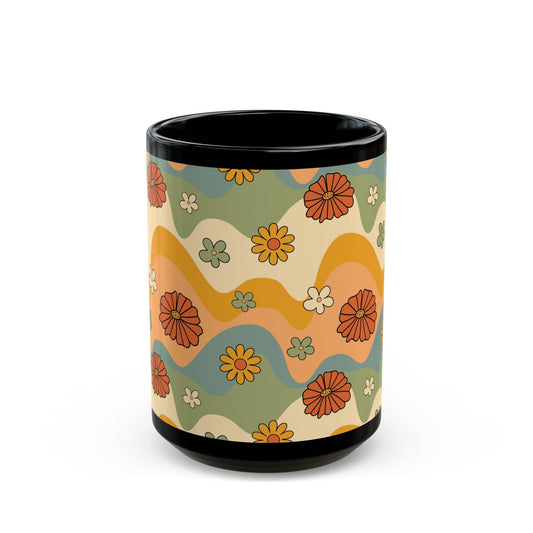 Retro Floral Black Mug - Kia Day Design