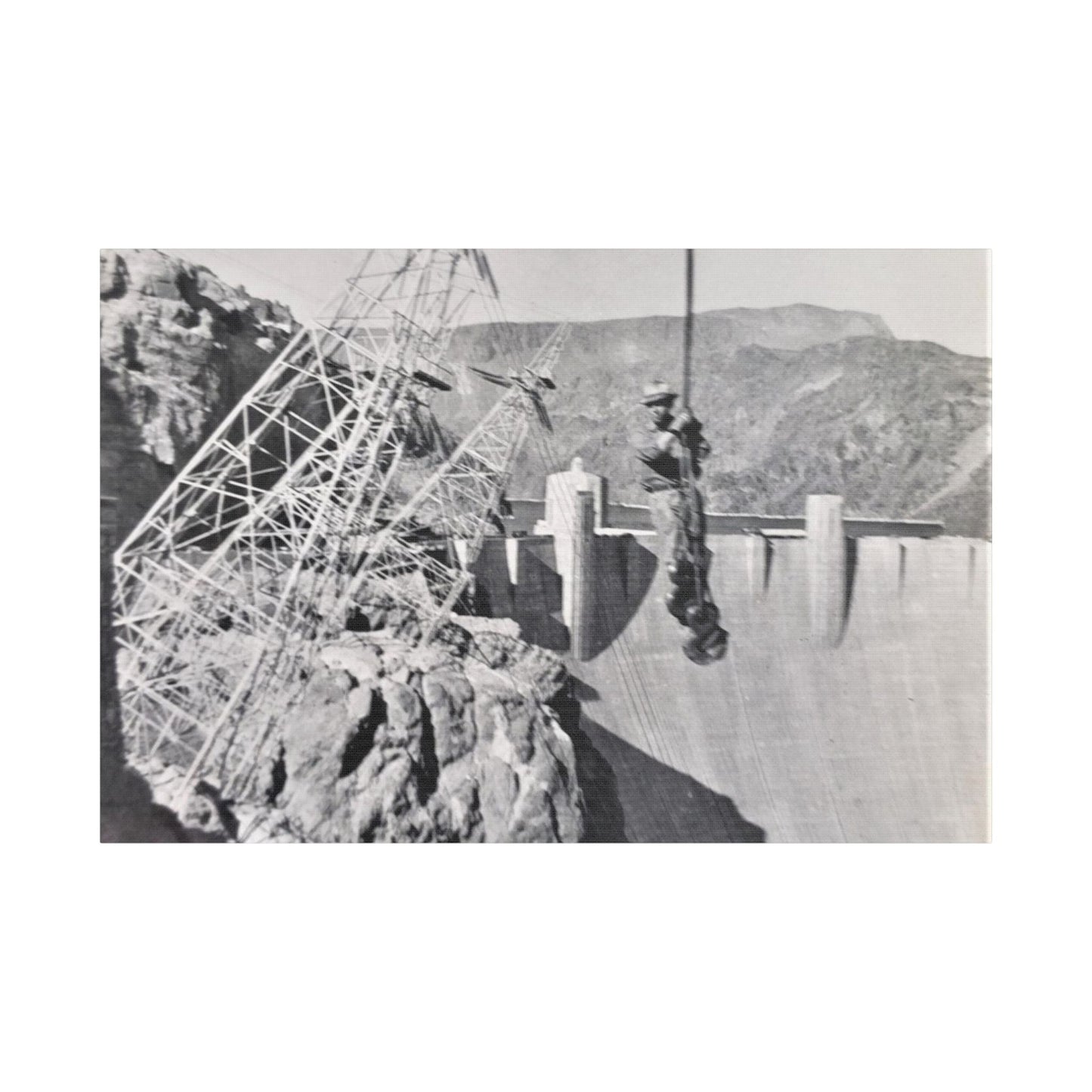 Suspended Boulder Dam Worker Satin Canvas Stretched