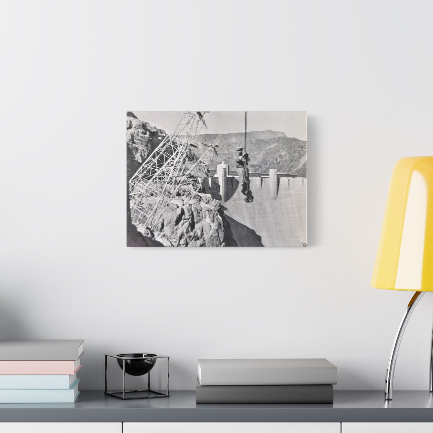 Suspended Boulder Dam Worker Satin Canvas Stretched 16″ x 12″ (Horizontal) 1.5"