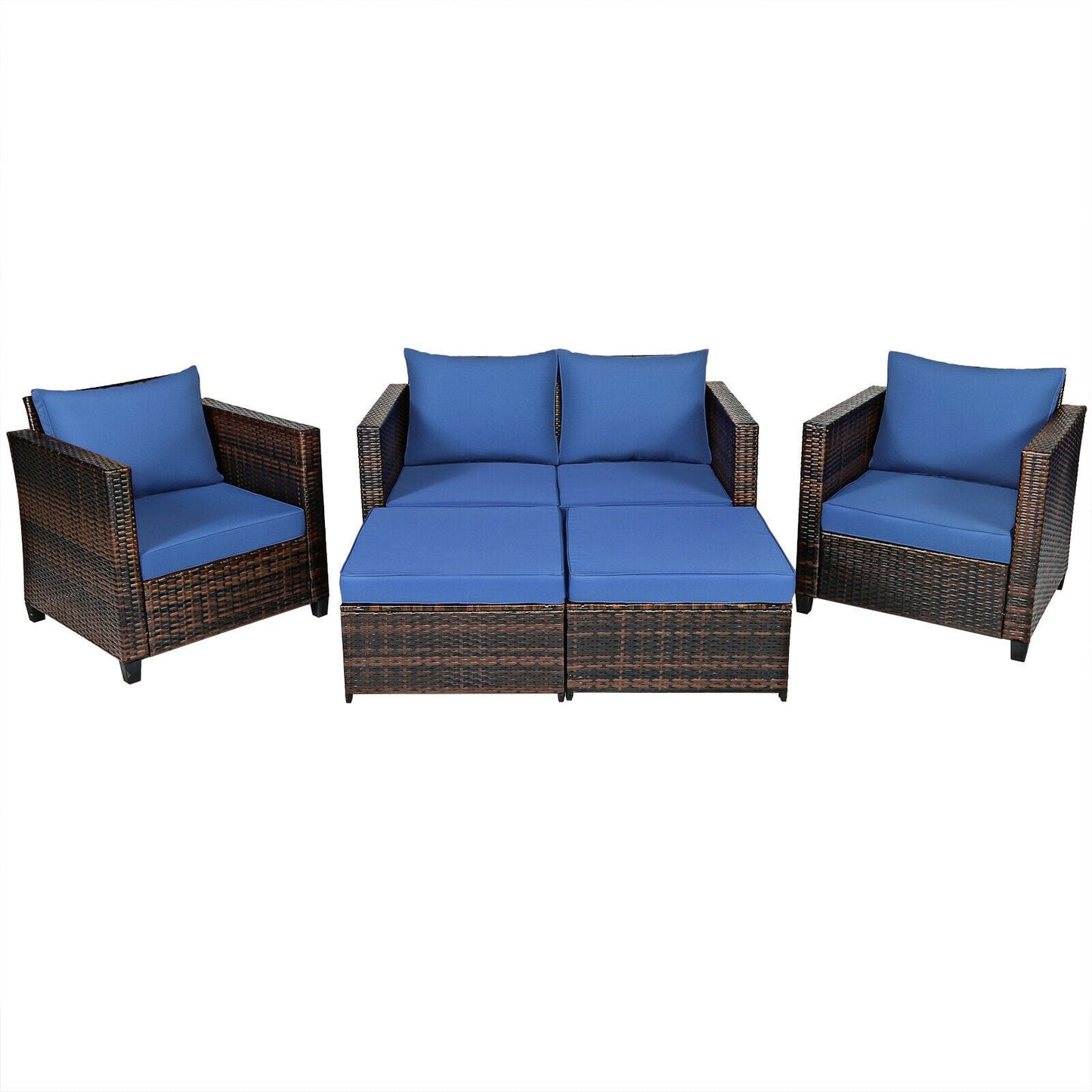 5 Pieces Patio Cushioned Rattan Furniture Set - Navy - patio set