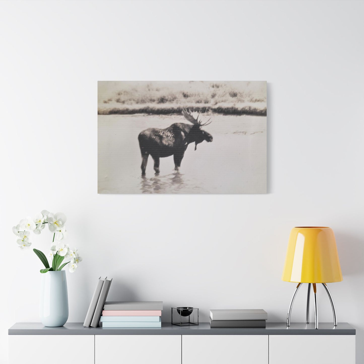 Yellowstone Bull Moose Satin Canvas Stretched 36″ x 24″ (Horizontal) 1.5"