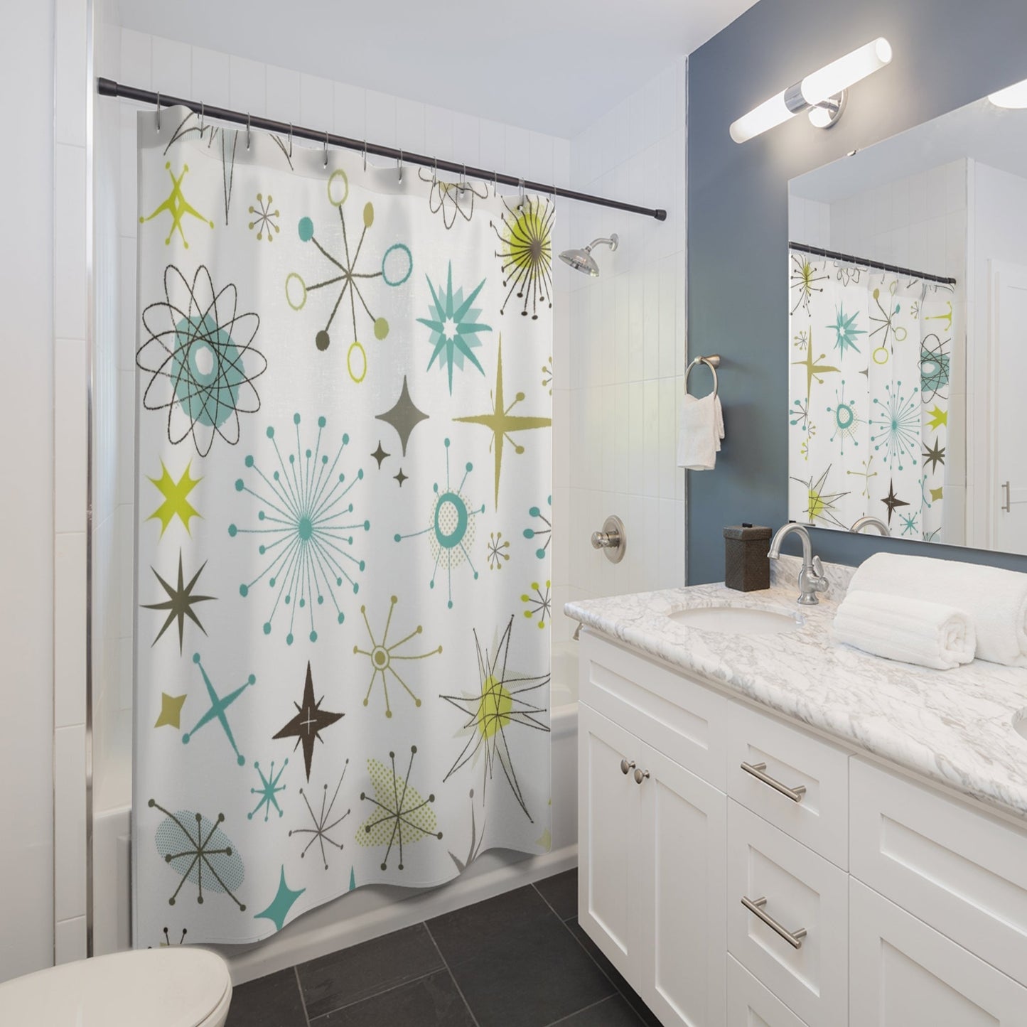 Mid-Century Modern Shower Curtain - Retro Starburst Design - Kia Day Design