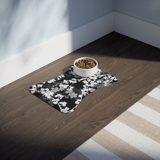 Black and White Blossoms Pet Feeding Mats Bone shape (19" x 14") White