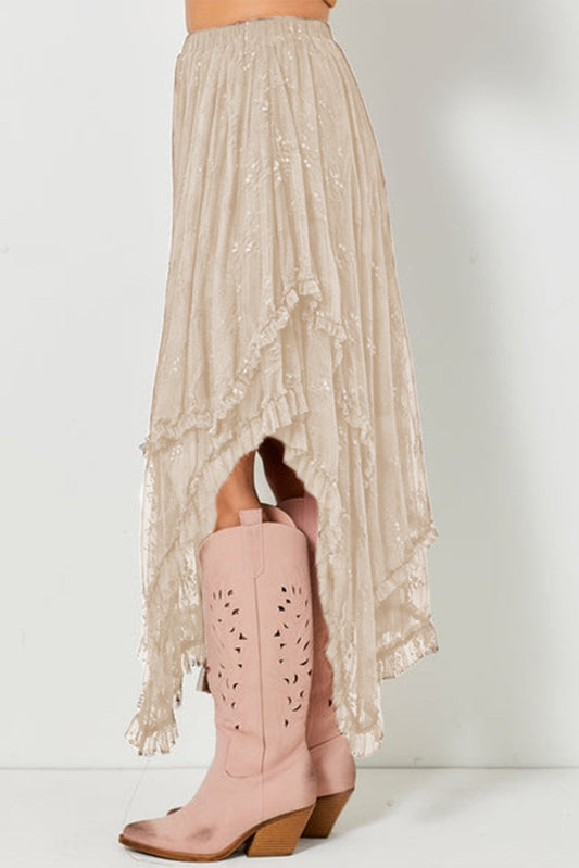 Apricot Lace Cascading Tiered High Waist Maxi Skirt - - Bottoms/Skirts & Petticoat