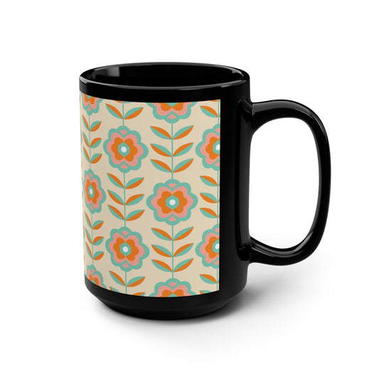 Retro Floral Pattern Black Mug - 15oz - Kia Day Design