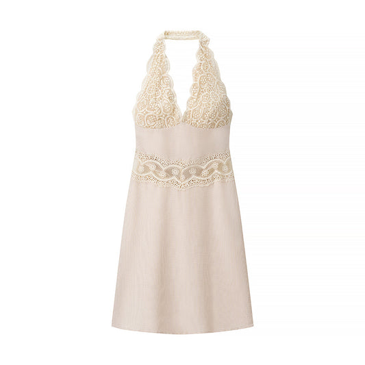 Women Clothing Spring Sexy Houndstooth Lace Stitching Hanging Collar Dress - - Jewelry