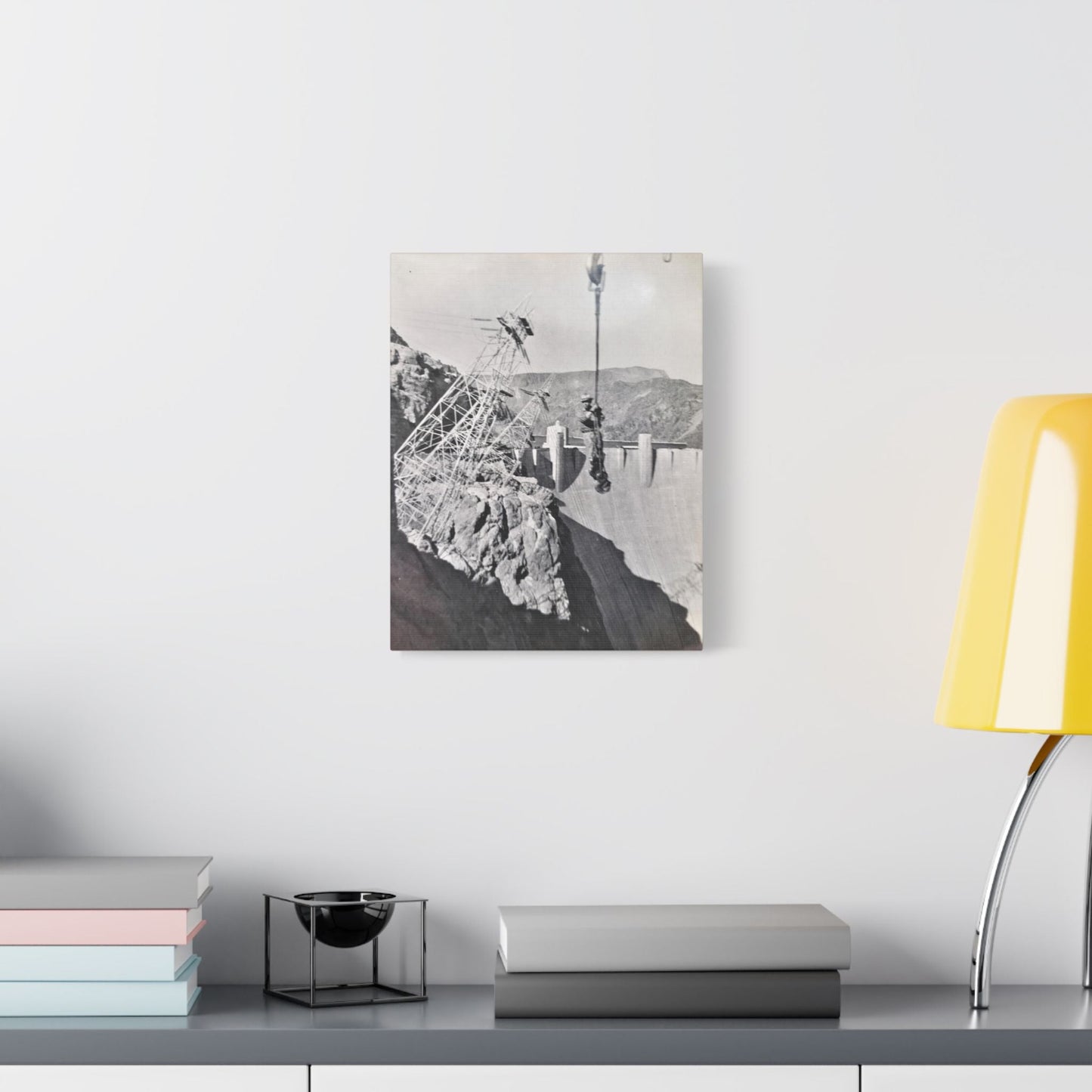 Suspended Boulder Dam Worker Satin Canvas Stretched 11″ x 14″ (Vertical) 1.5"