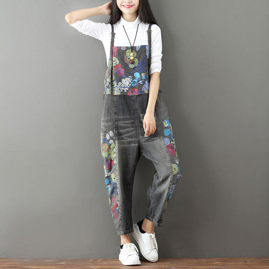 Vintage Patchwork Jeans for Women - Grey One size - overalls
