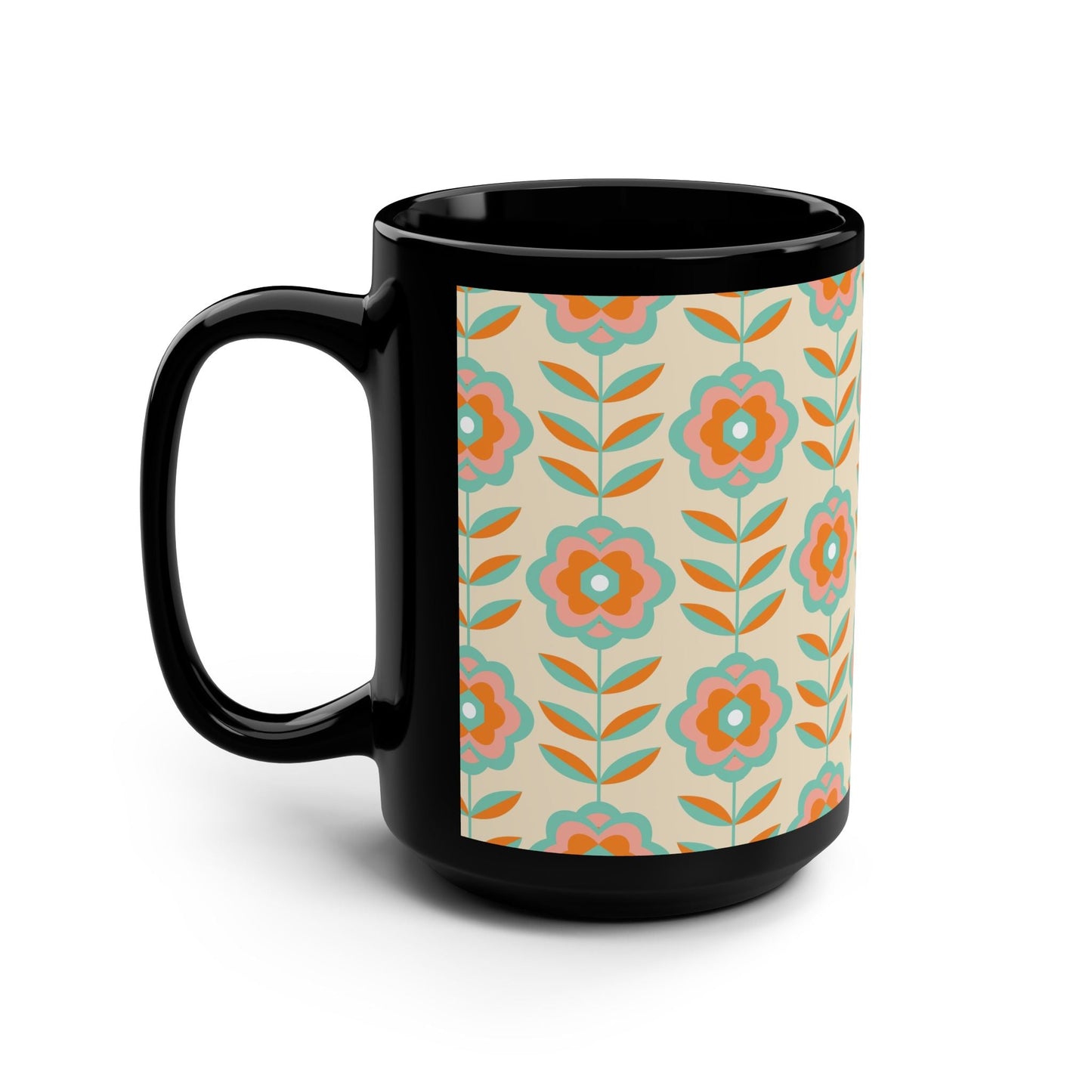 Retro Floral Pattern Black Mug - 15oz - Kia Day Design