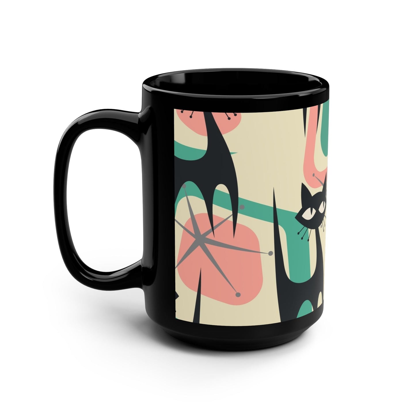 Whimsical Cat Black Mug - 15oz - Kia Day Design