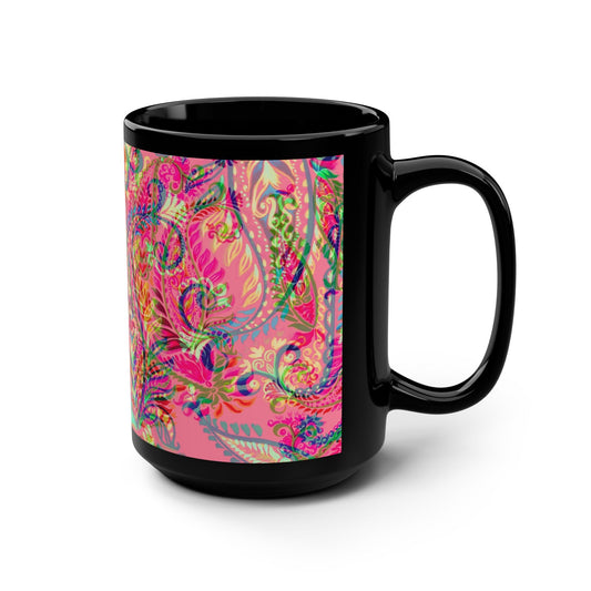 Vibrant Floral Pattern Mug - 15oz Black Coffee Cup - Kia Day Design
