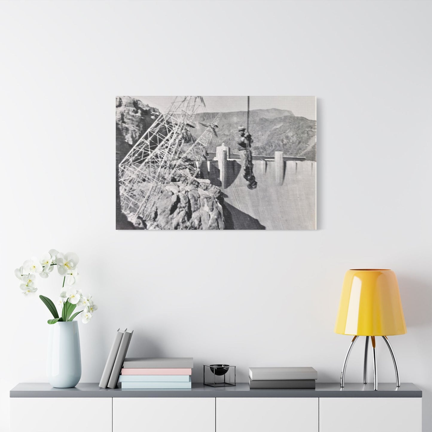 Suspended Boulder Dam Worker Satin Canvas Stretched 36″ x 24″ (Horizontal) 1.5"