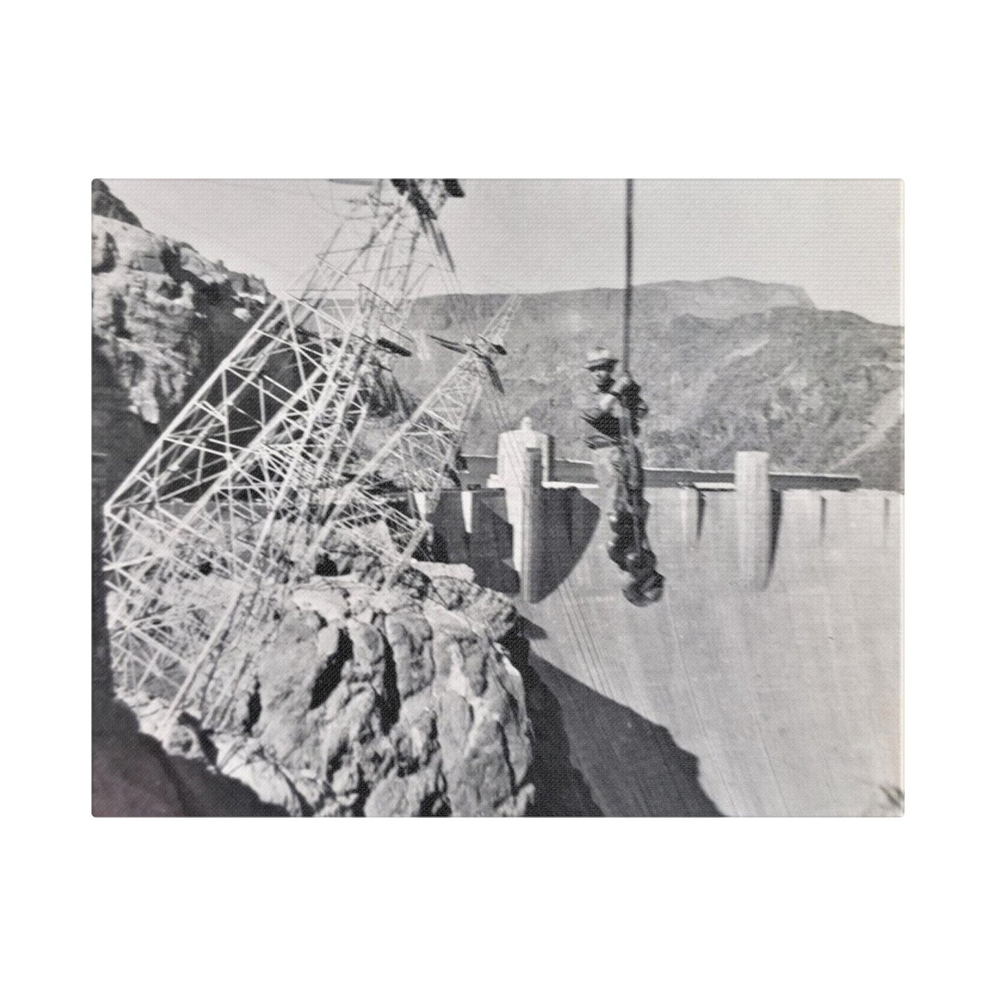 Suspended Boulder Dam Worker Satin Canvas Stretched