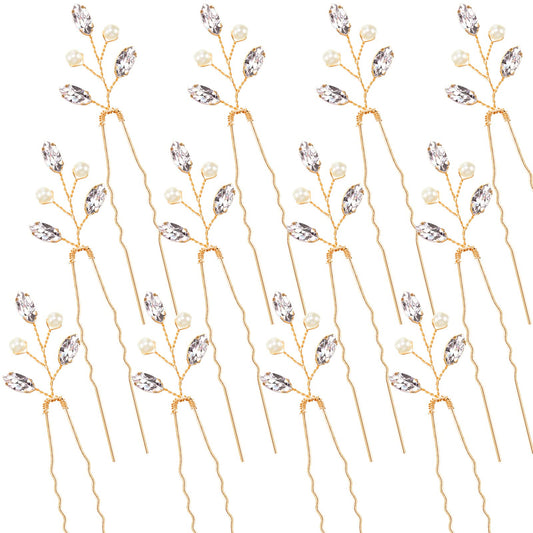 Luinabio 12 Crystal Bridal Hair Pins with Pearls and Rhinestones - Gold - hair pin