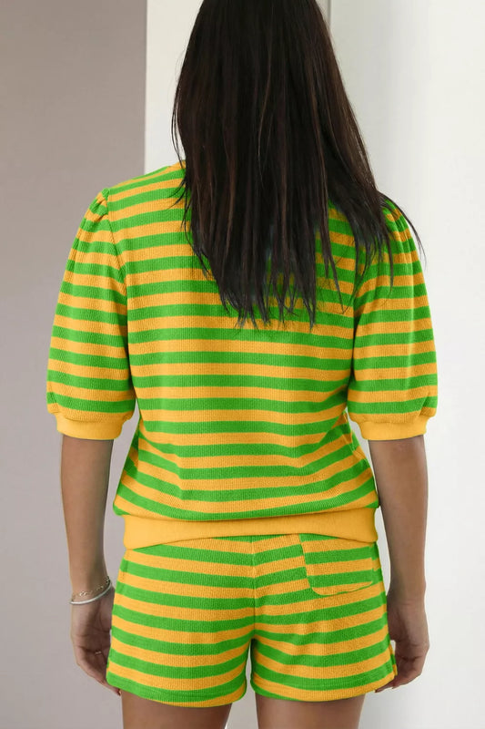 Yellow Striped Puff Sleeve Top and Drawstring Shorts Set - - short set