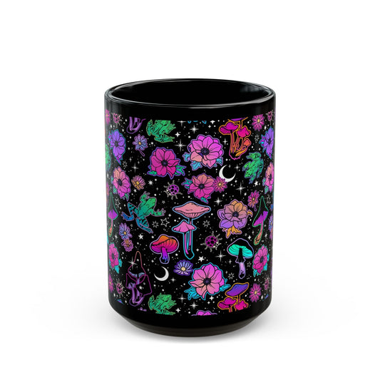 Cosmic Floral Black Mug 11oz & 15oz Coffee Cup - Kia Day Design