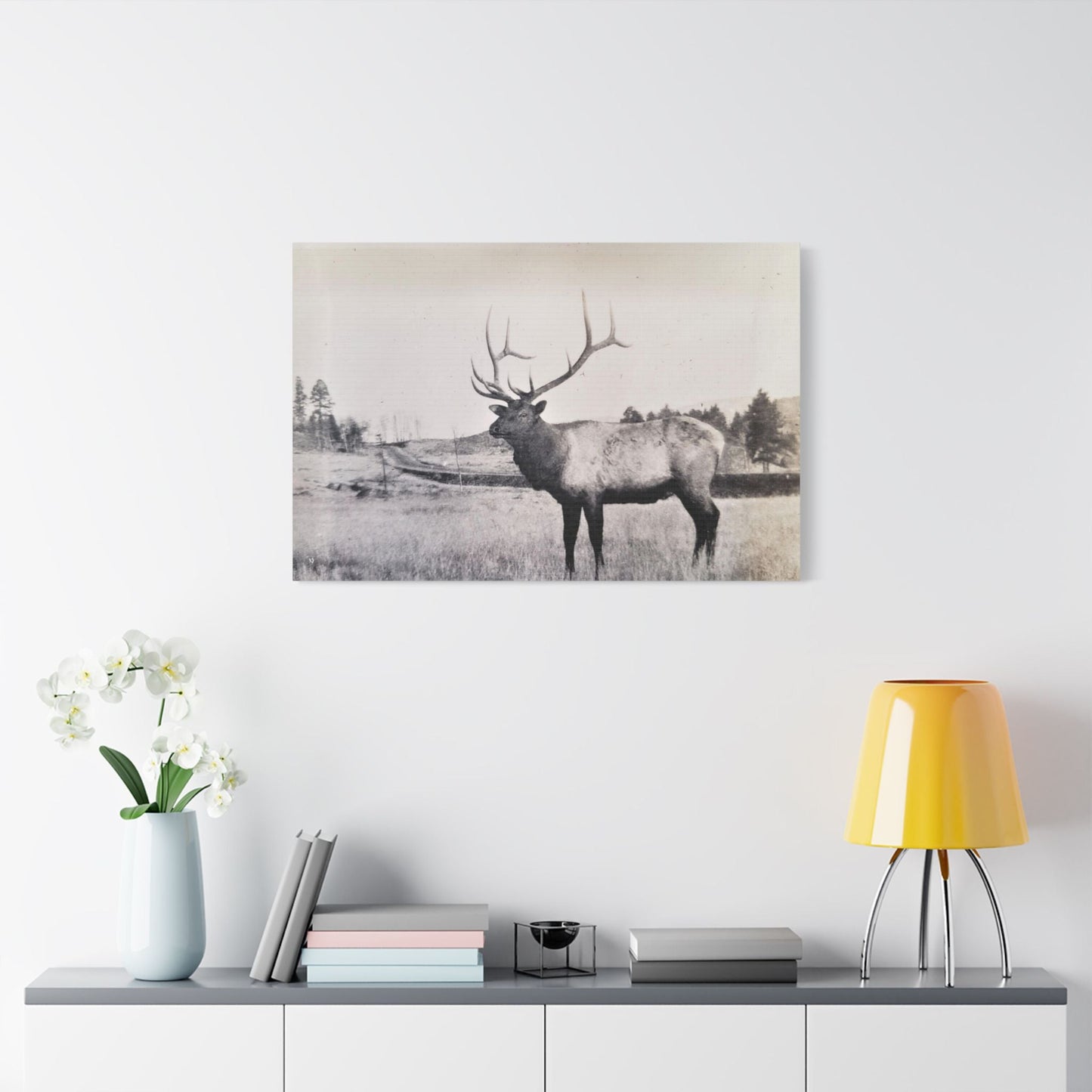 Yellowstone Bull Elk Satin Canvas Stretched 36″ x 24″ (Horizontal) 1.5"