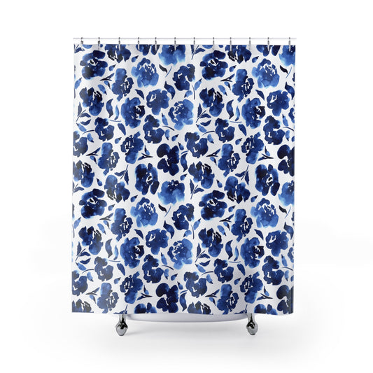 Blue Floral Shower Curtain - - Home Decor