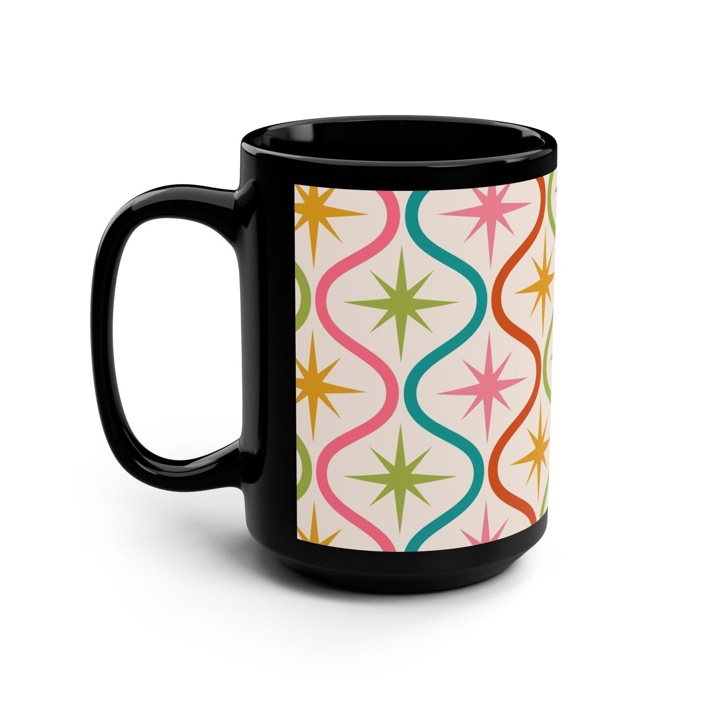 Colorful Retro Star Pattern Mug - 15oz Black Coffee Cup - Kia Day Design
