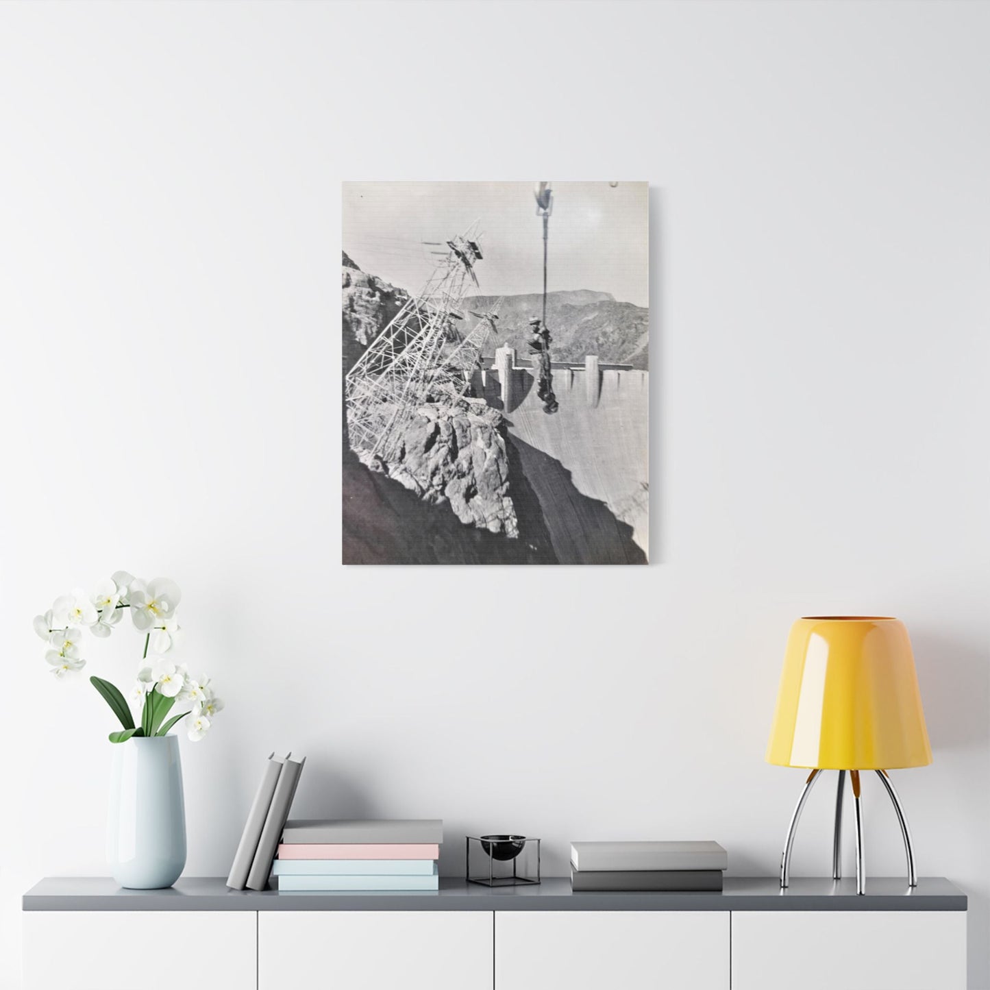 Suspended Boulder Dam Worker Satin Canvas Stretched 24" x 30" (Vertical) 1.5"