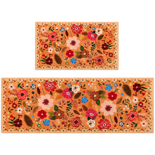 Boho Chic Non-Slip Kitchen Rug Set - Floral Orange - Orange - rugs