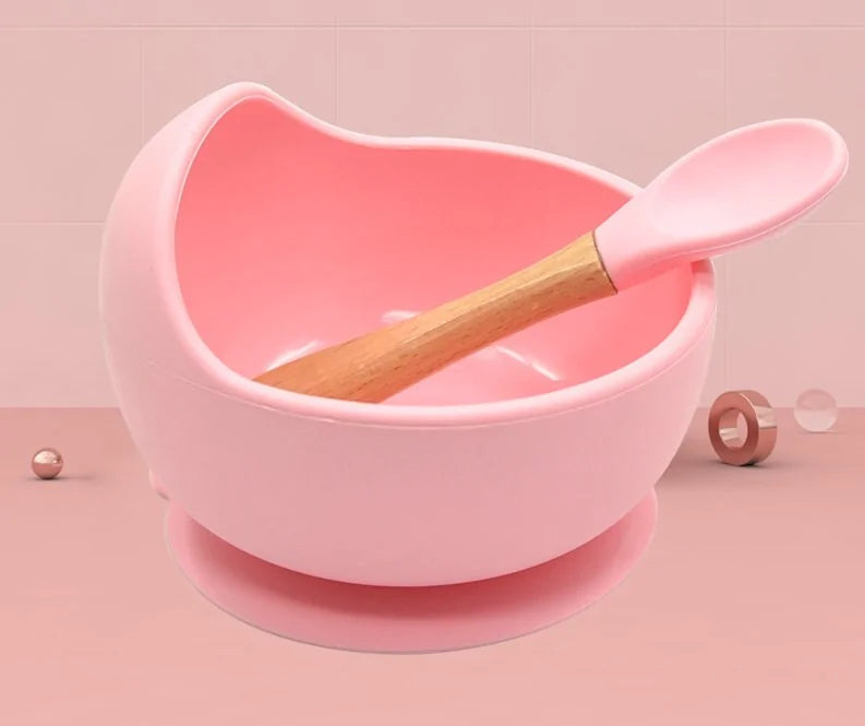 Baby Silicone Feeding Set with Wooden Handle Spoon light pink
