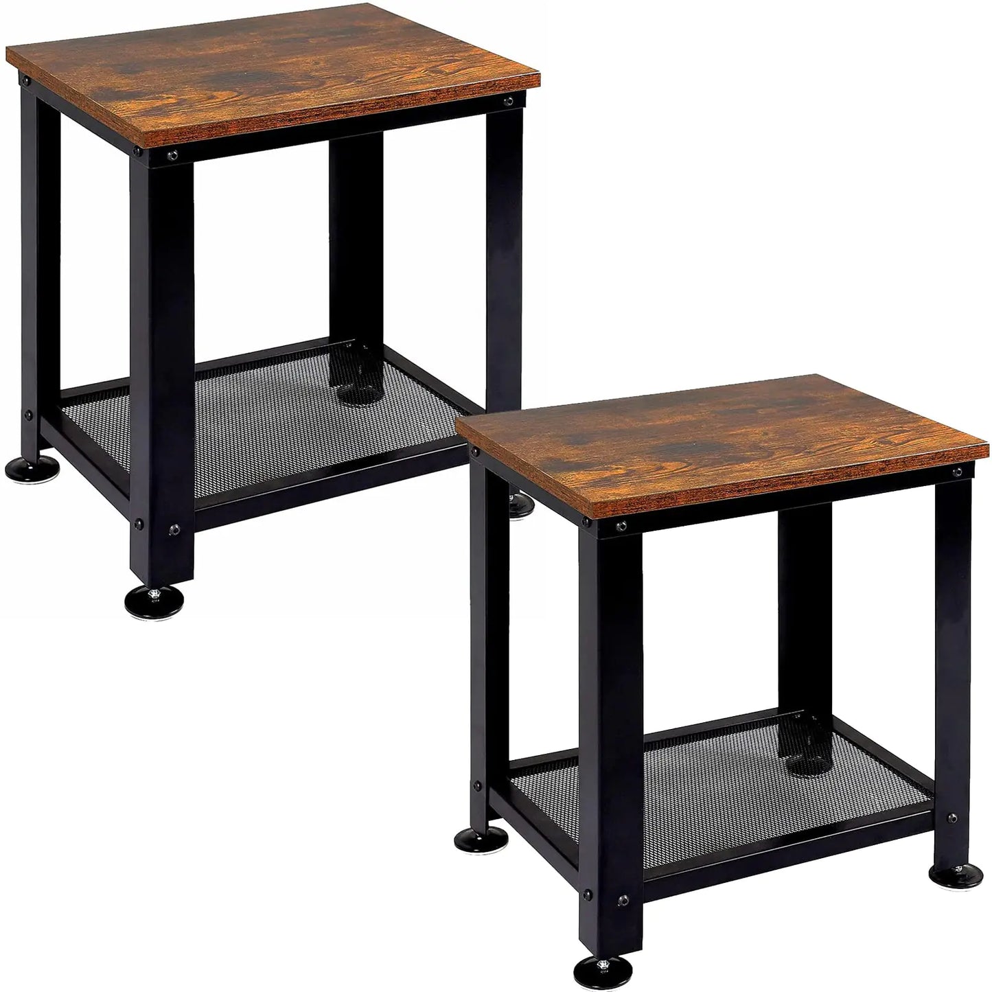 2-Tier Metal Industrial Rolling End Tables with Mesh Shelves Set - - table