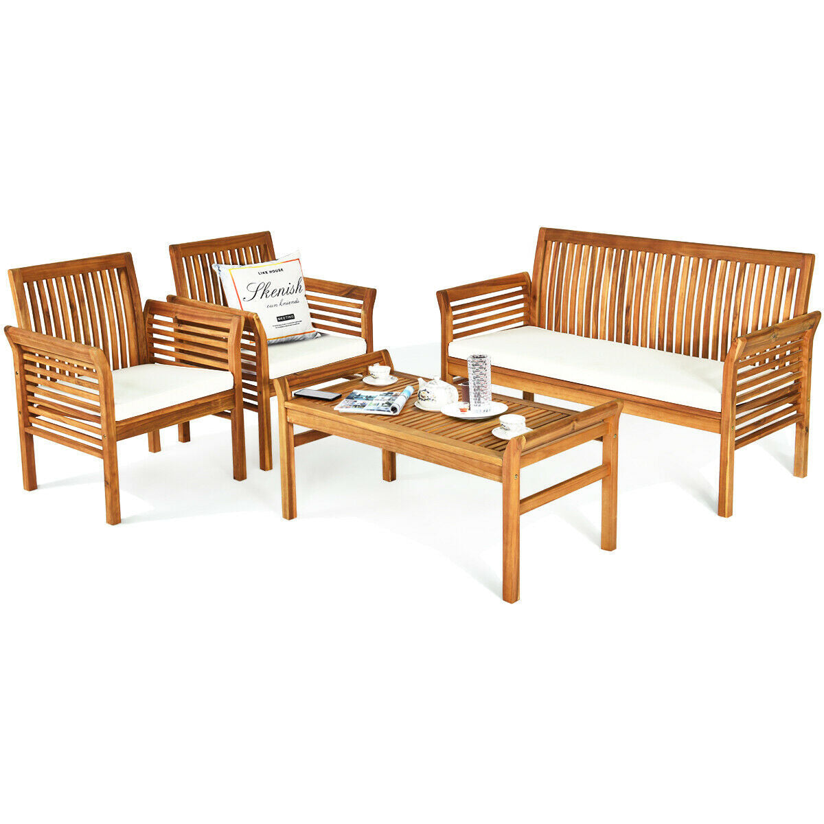4 Pieces Outdoor Acacia Wood Sofa Furniture Set - - patio set