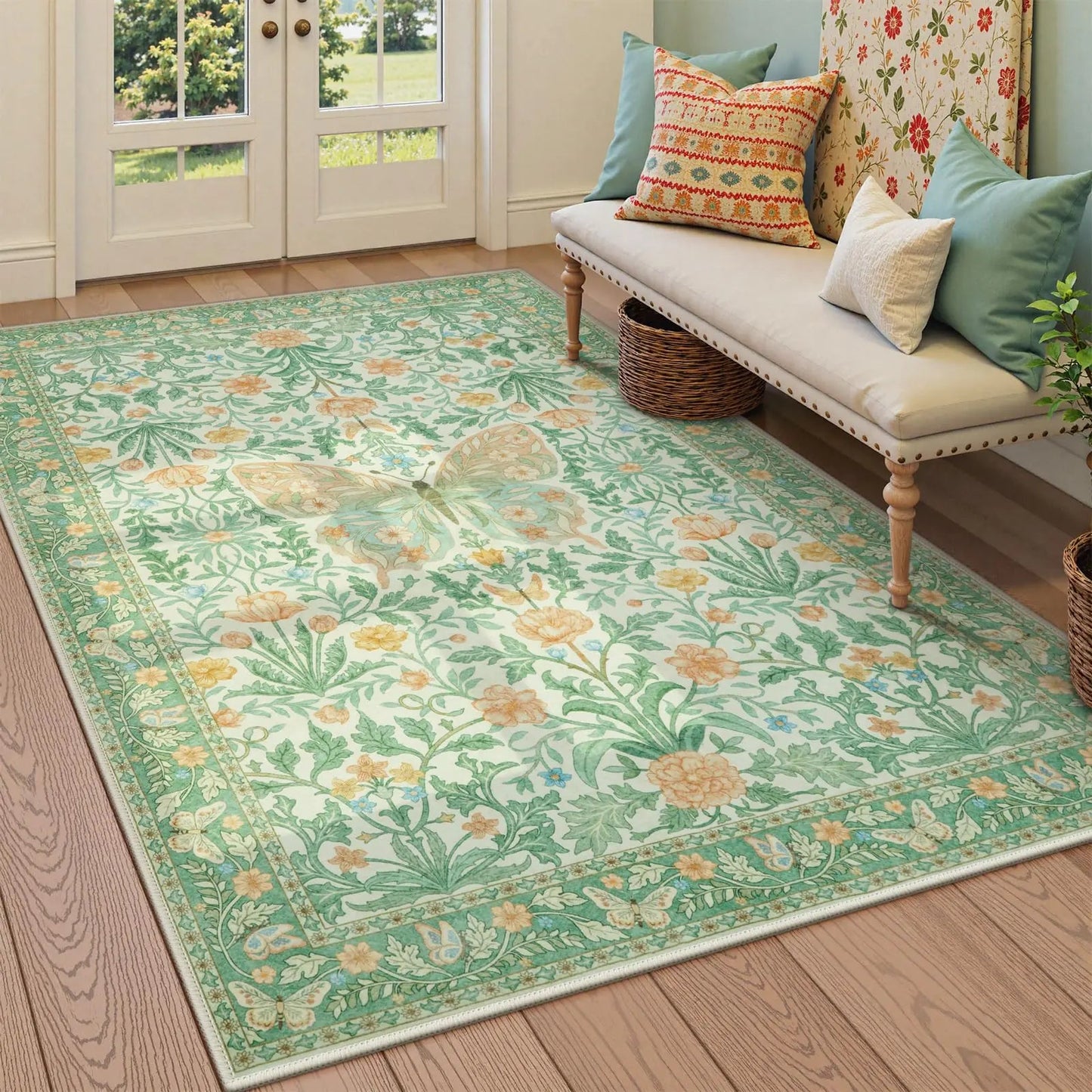 Green Floral Butterfly Rug Soft Non-Slip Washable Large Rug - Kia Day Design
