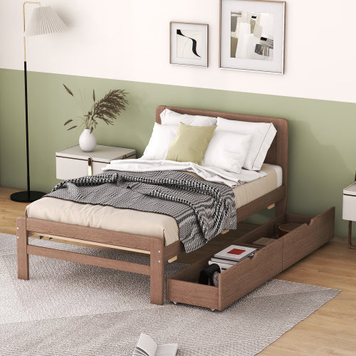 Modern Design Twin Size Platform Bed Frame With Trundle For White Washed Color - Walnut -