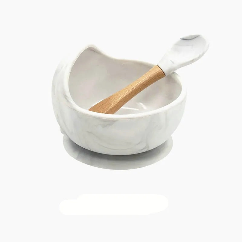 Baby Silicone Feeding Set with Wooden Handle Spoon white grey