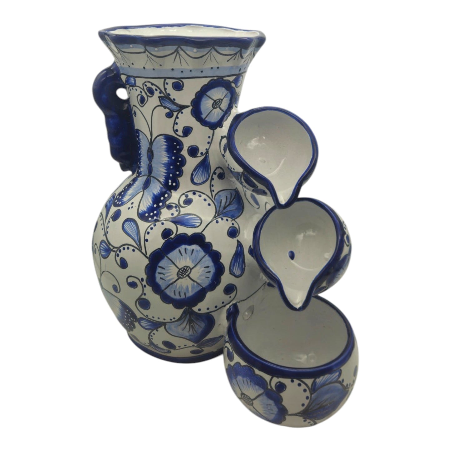 Blue & White Talavera Fountain Handmade Floral Butterfly - - Talavera Fountain
