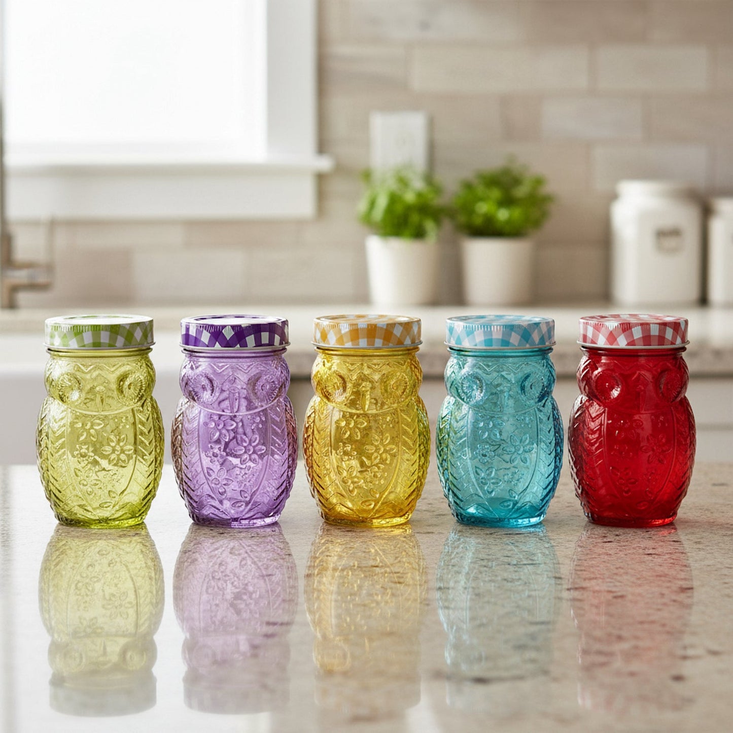 Owl Color Glass Jars with Check Lids 6-Piece Set - - jars
