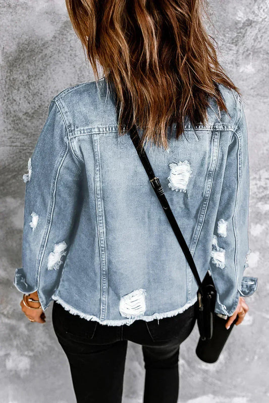 Light Blue Distressed Denim Jacket with Raw Hem – Femstylo - - Jackets