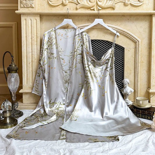 Printed Ice Silk Sling Nightgown - Gray Cherry XL - nightgown